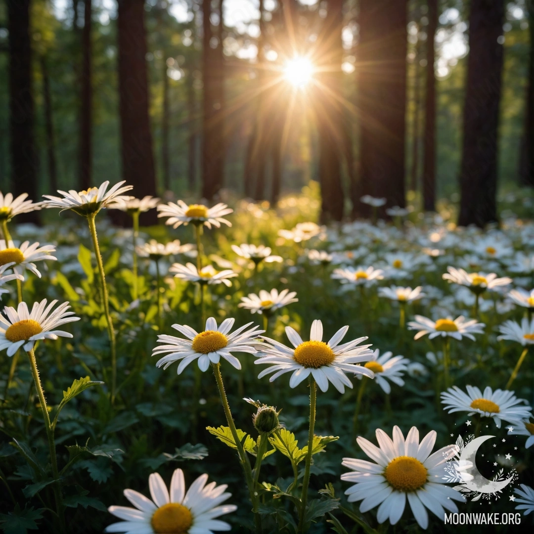 Крупный план ромашек, освещенных закатным светом через деревья.