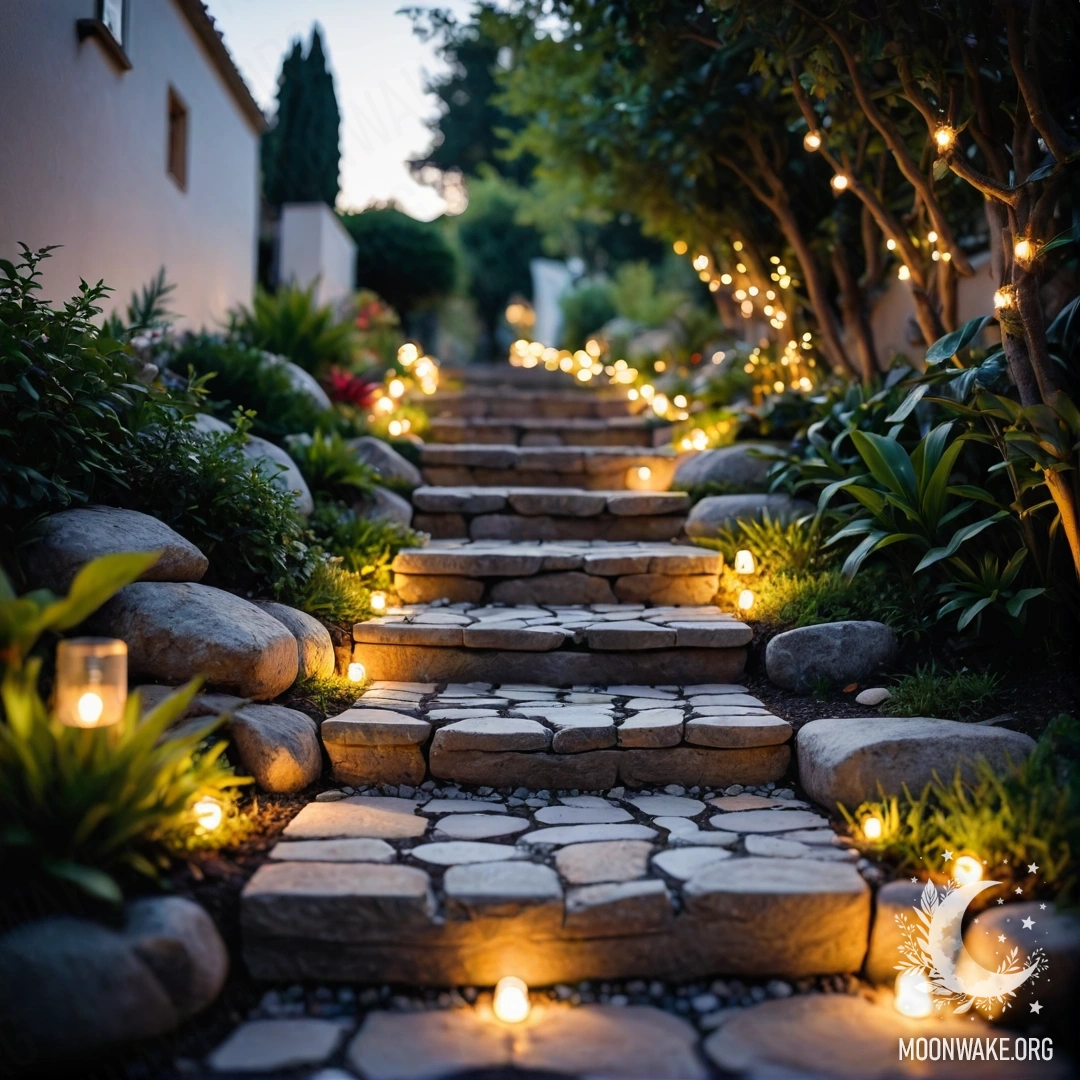 Уютная садовая дорожка, выложенная камнями, украшенная огоньками на закате.