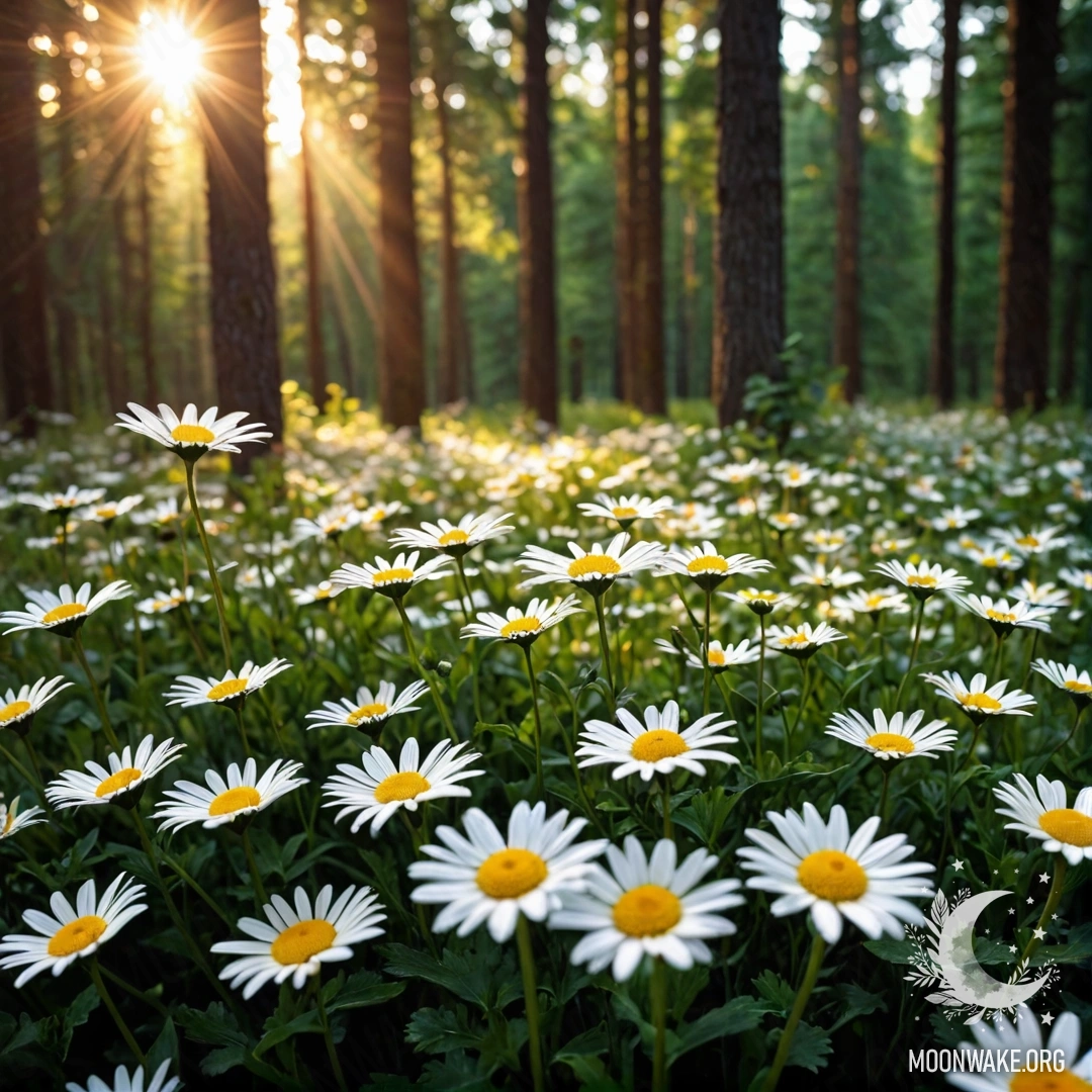 Близкий план ромашек, освещённых закатом в лесу.