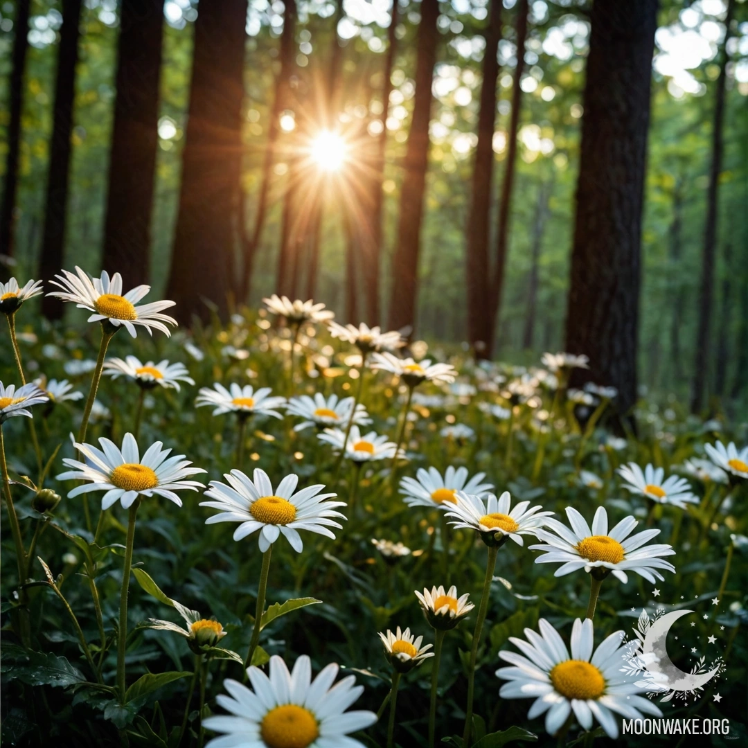 Крупный план ромашек ночью с солнечным светом, пробивающимся сквозь деревья.