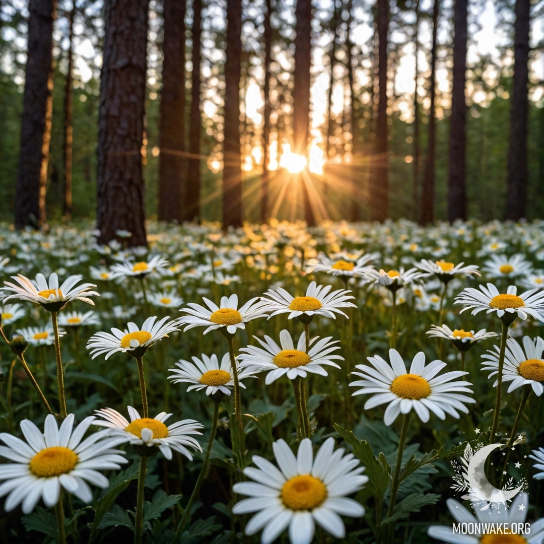 Крупный план ромашек, освещённых закатом в лесу.