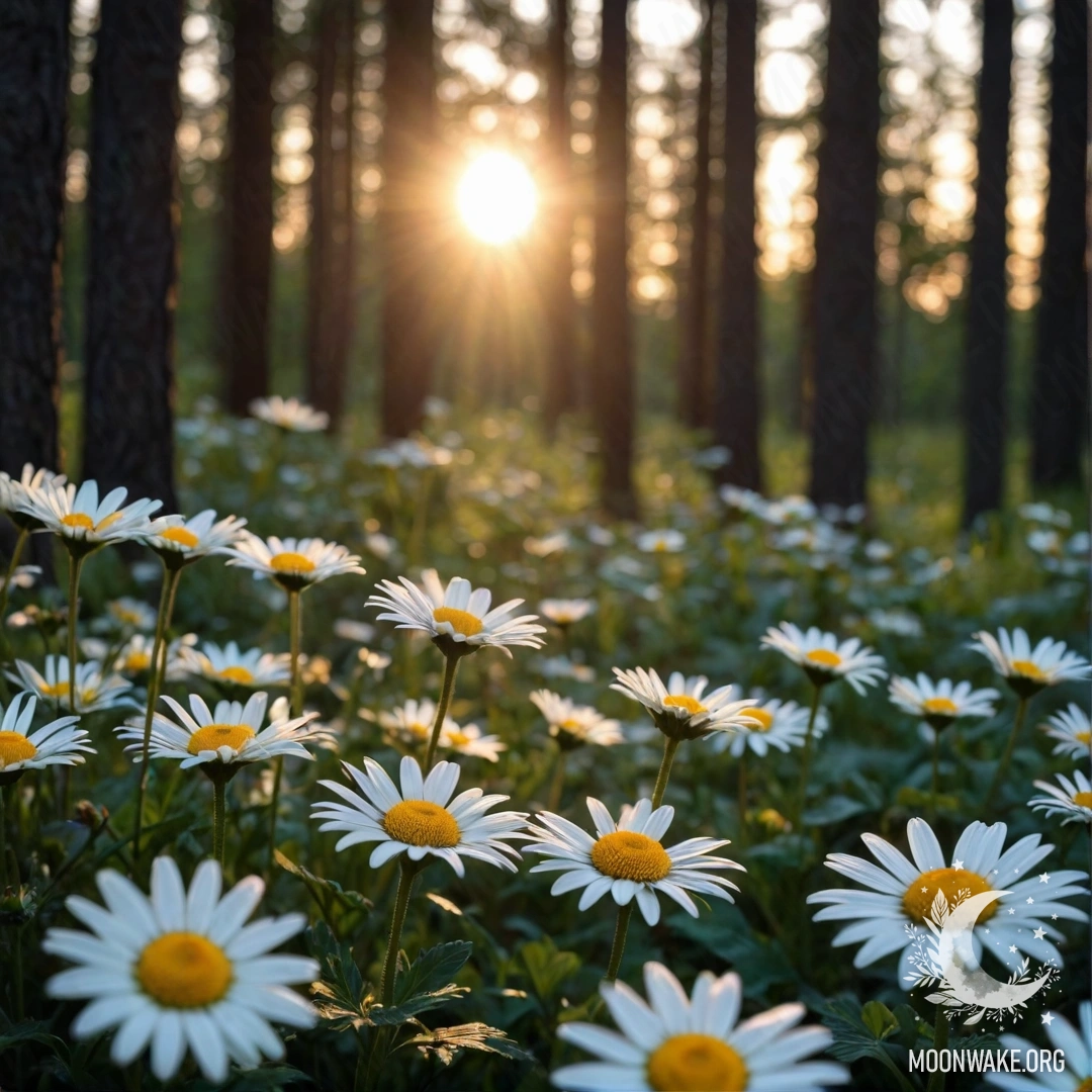 Ракурс на ромашки, освещенные солнечным светом в лесу при закате.