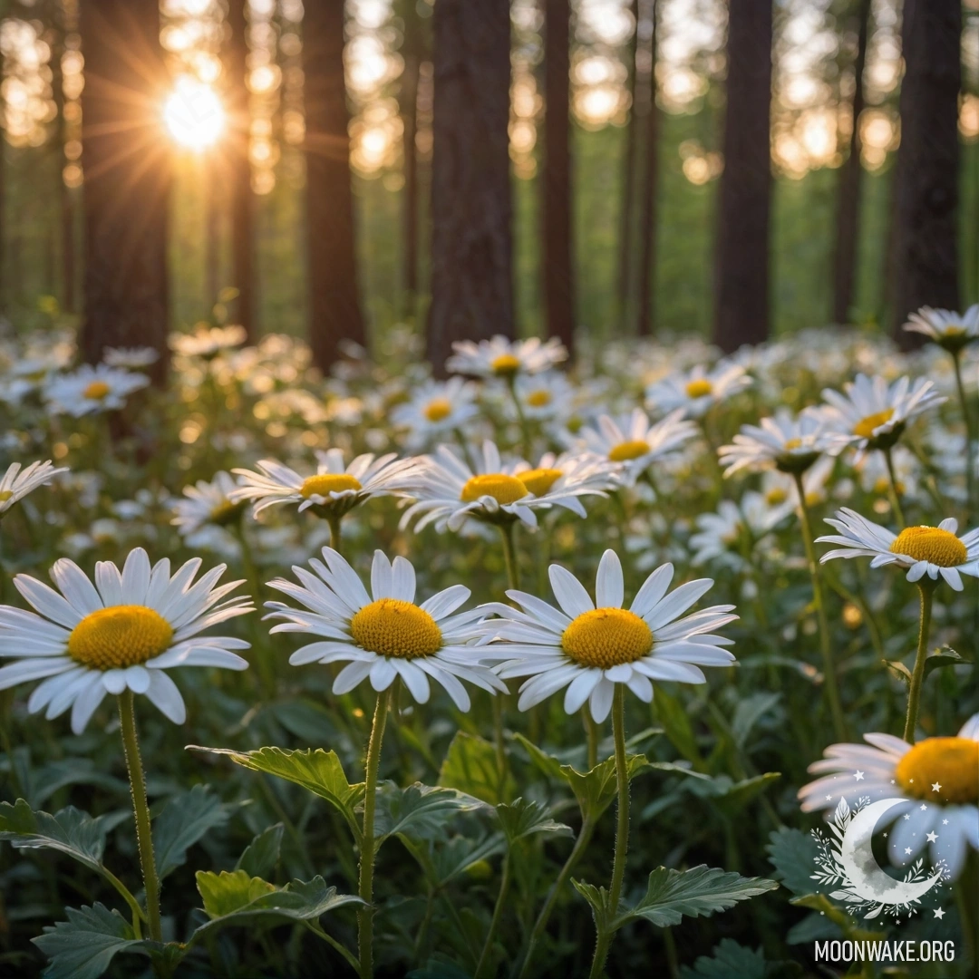 Макрос цветков ромашки, освещенных закатным светом на фоне деревьев.