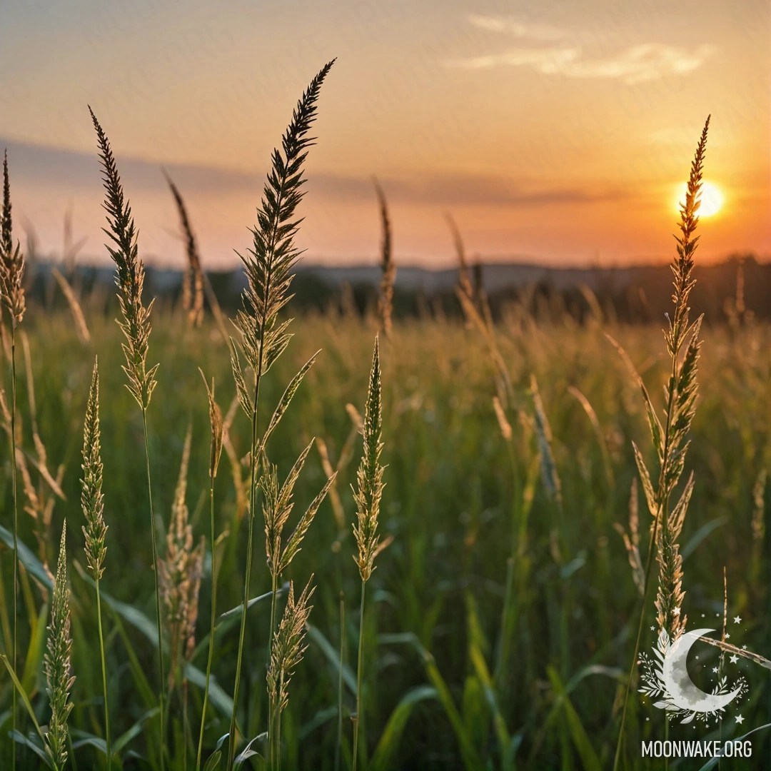 Крупный план травы на поле на фоне размытого неба во время заката.