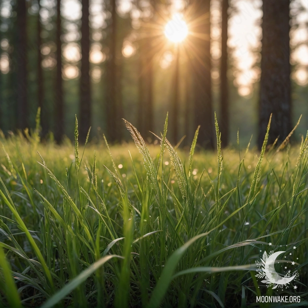 Крупный план травы на уютном поле с солнечными лучами и размытым фоном леса.