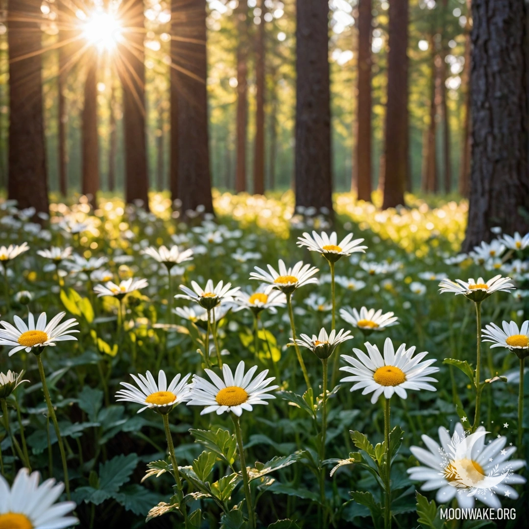 Крупный план ромашек, освещённых солнечными лучами на закате в лесу.