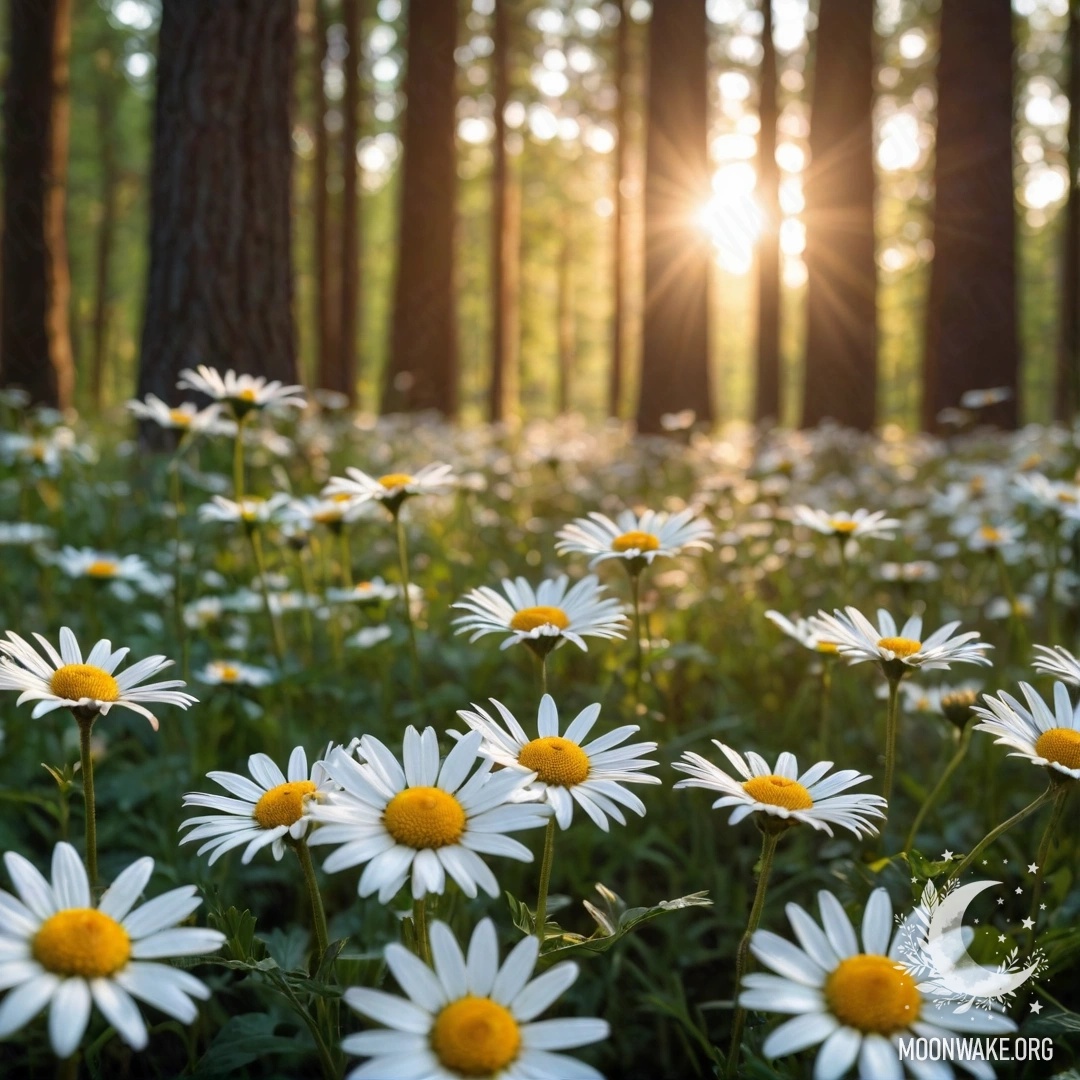Крупный план ромашек, освещённых солнечными лучами на закате в лесу.