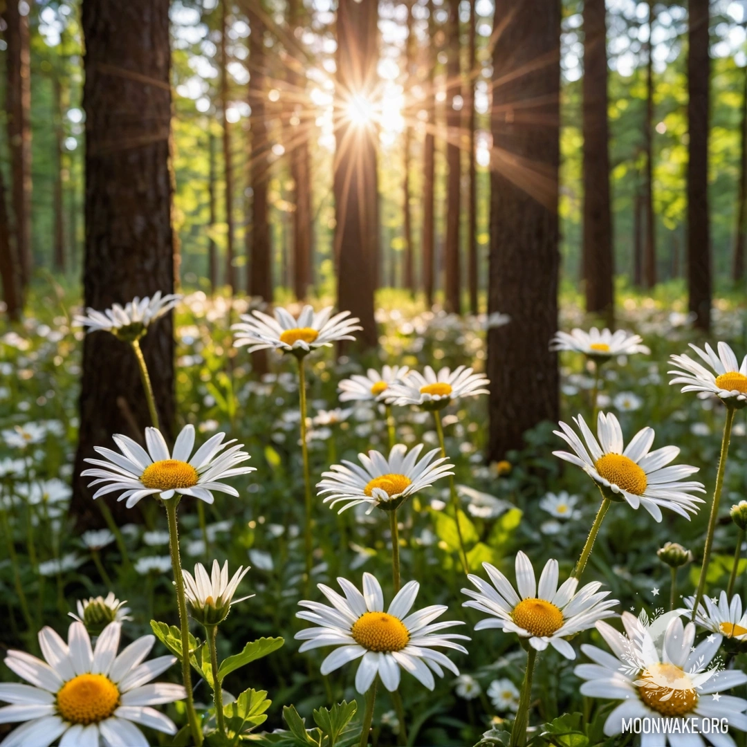 Крупный план ромашек, освещённых солнечными лучами, пробивающимися сквозь деревья в лесу.
