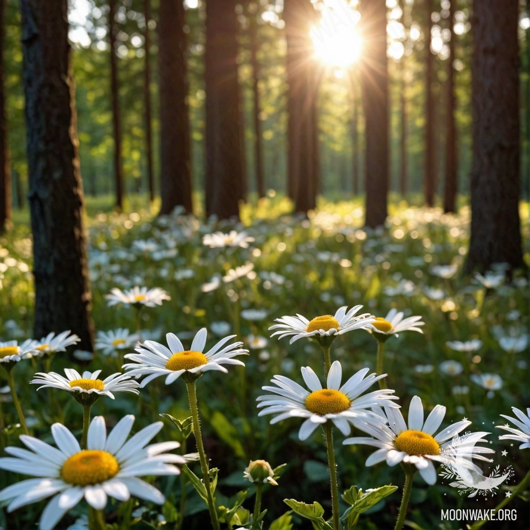 Крупный план ромашек с солнечными лучами, пробивающимися сквозь древесные ветви на закате.