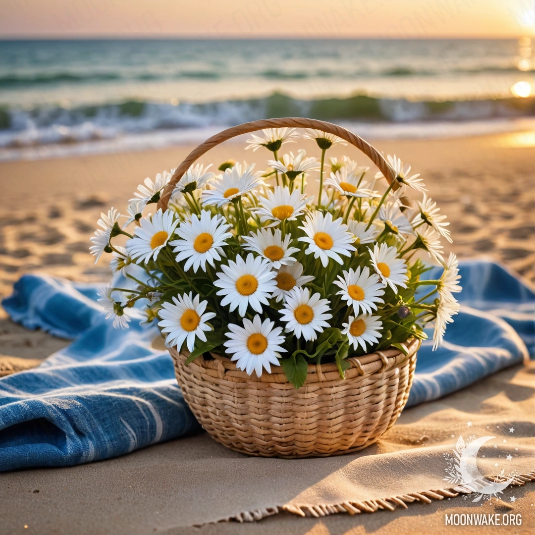 Соломенная сумка с синей скатертью и букетом ромашек на песчаном пляже на закате, с морем на заднем плане.