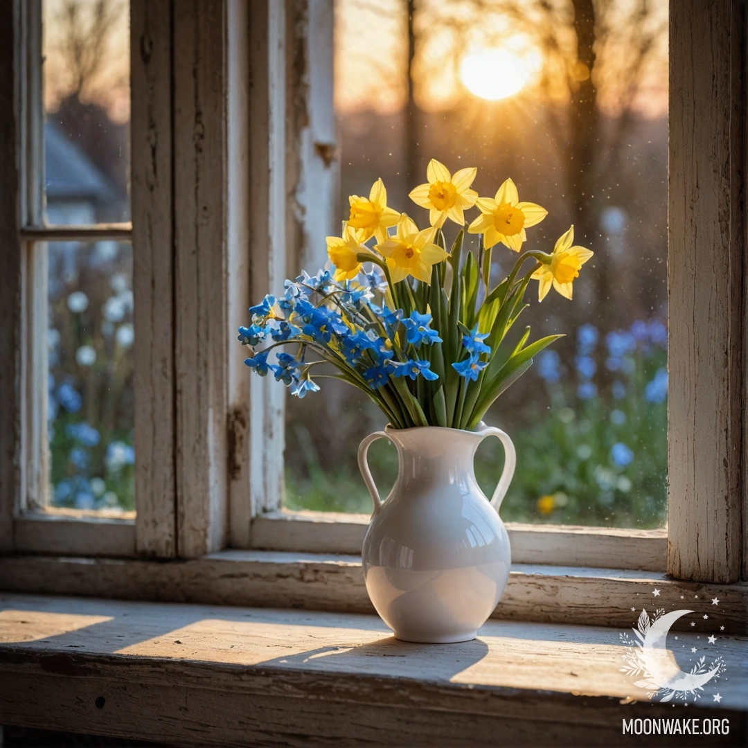 Старый, обшарпанный деревянный подоконник, украшенный белой фарфоровой вазой с нарциссами и незабудками на закате.