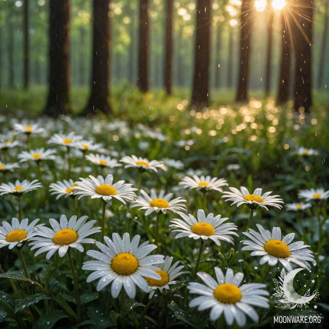 Крупный план ромашек под дождем с закатом, проникающим сквозь деревья.