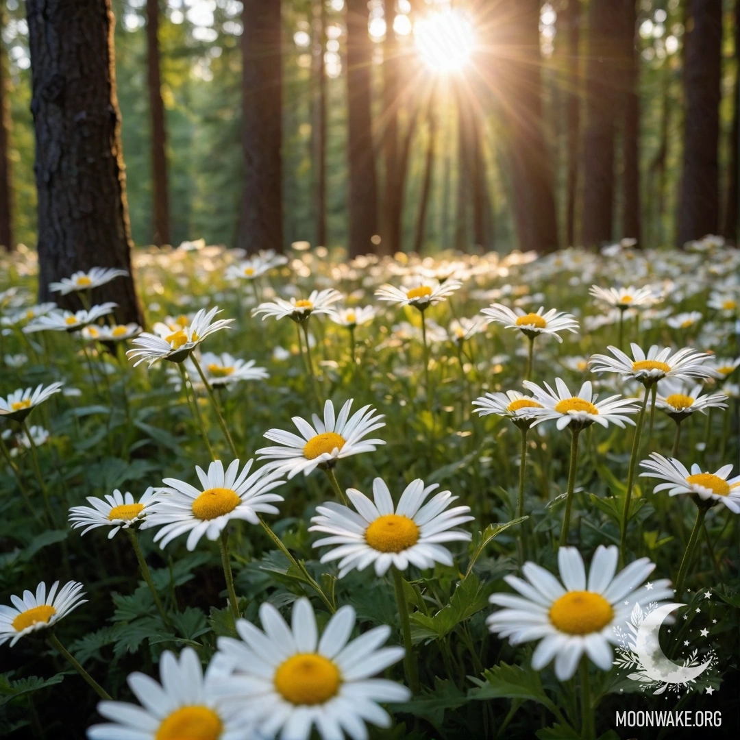 Крупный план нежных ромашек с солнечным закатом, пробивающимся сквозь деревья.