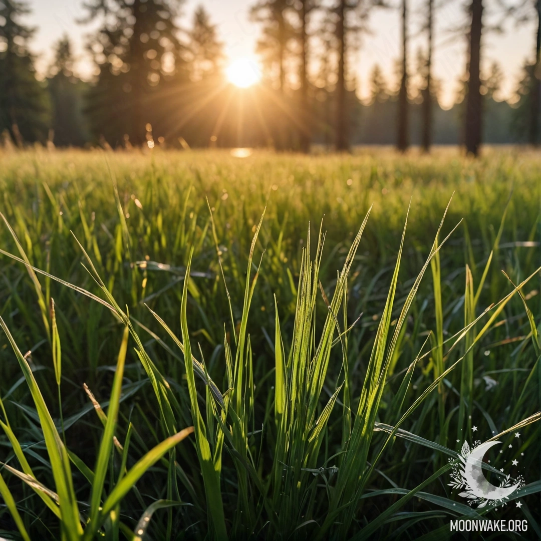 Крупный план мягкой травы на фоне размытого леса с солнечными лучами на закате.