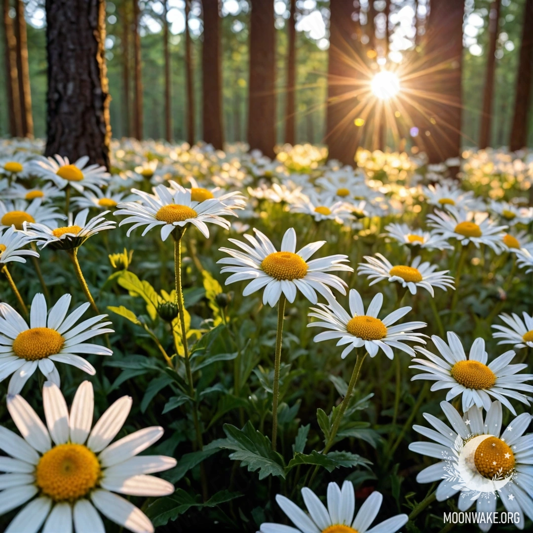 Крупный план ромашек, освещённых светом заката в лесу