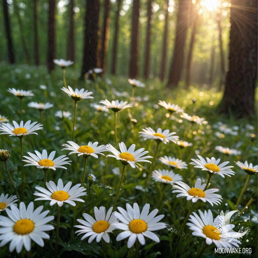 Крупный план ромашек под дождем с солнечными лучами, пробивающимися сквозь деревья.