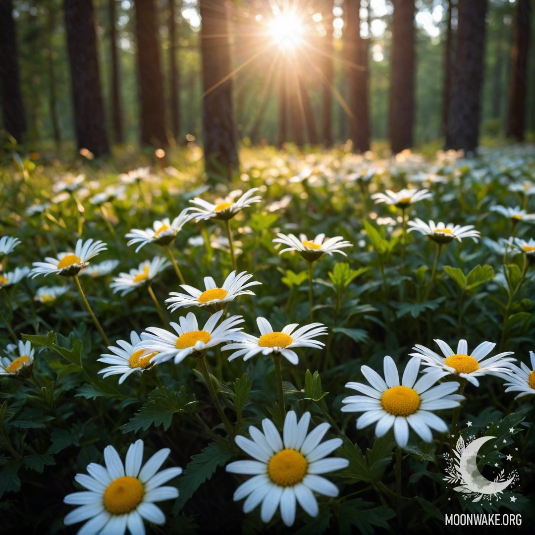Крупный план ромашек, окружённых мягким светом гирлянды, на фоне заходящего солнца за деревьями в лесу.