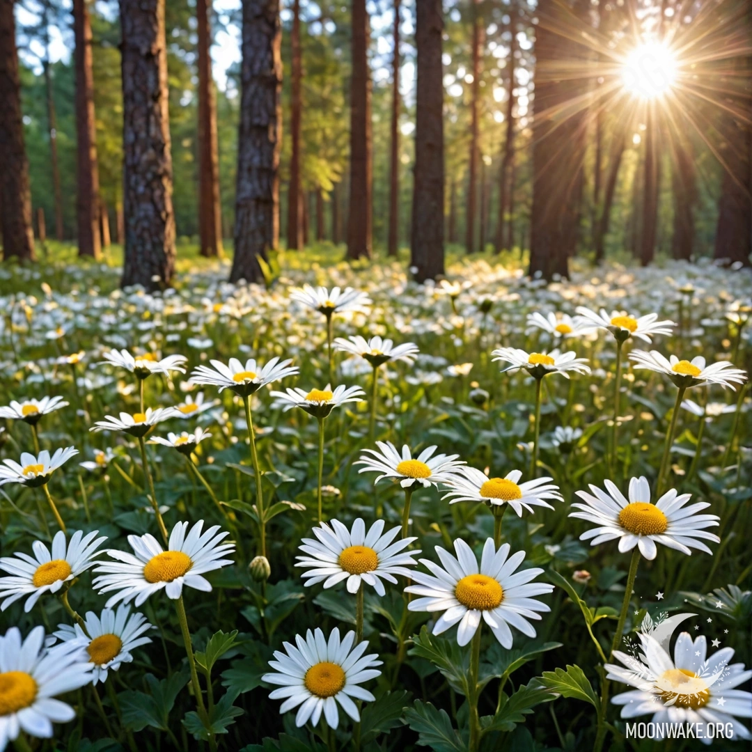 Близкий план ромашек, залитых солнечным светом, пробивающимся сквозь деревья на закате в лесу.