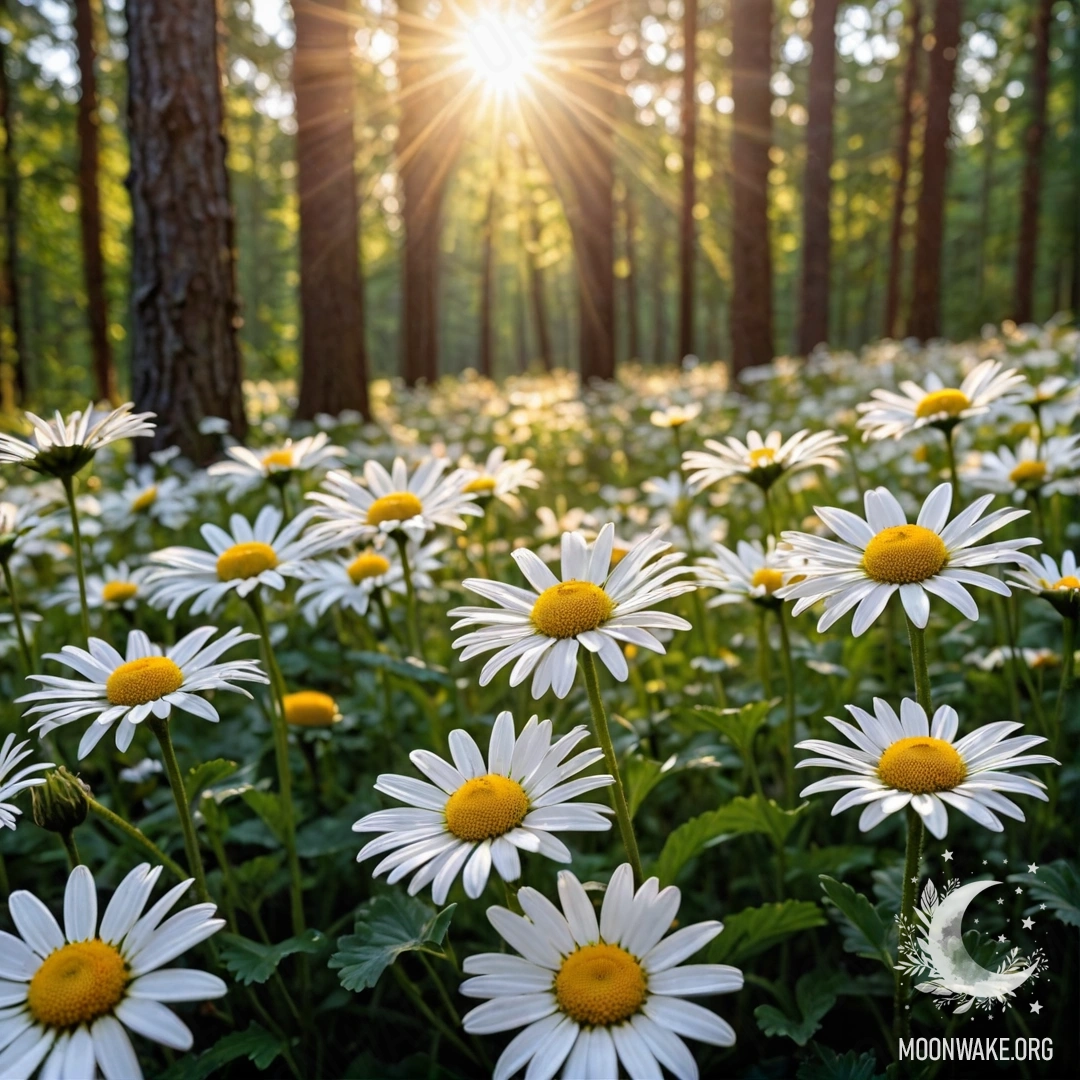 Крупный план ромашек, освещенных солнечными лучами на закате в лесу.