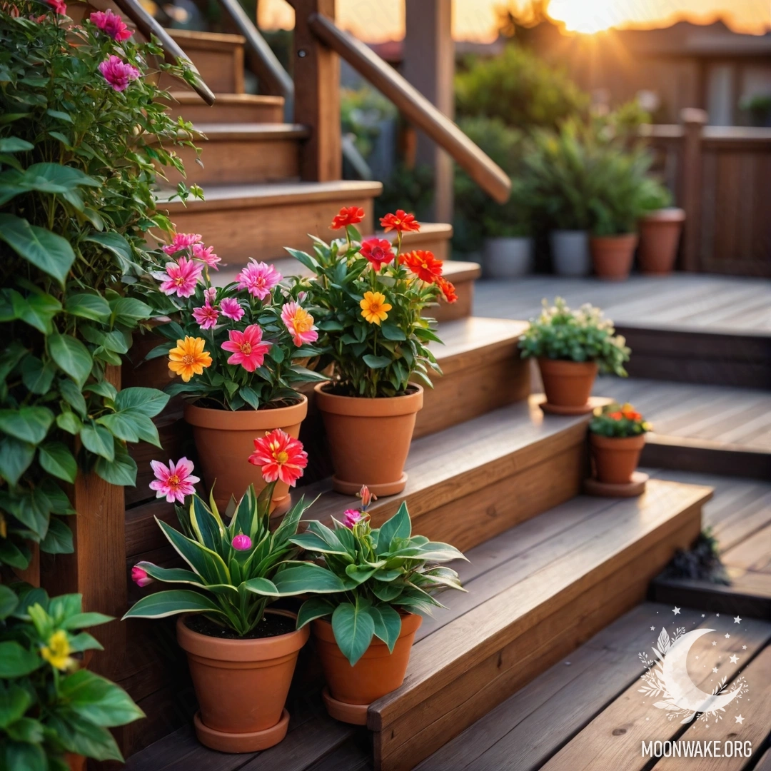 Деревянная лестница, украшенная горшками с цветами на закате.