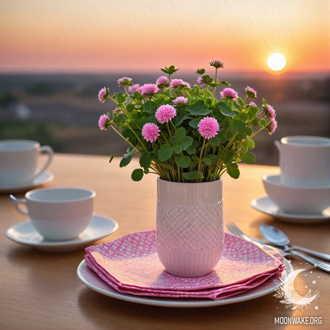 Круглая соломенная салфетка с белыми фарфоровыми чашками с розовым узором и клевером в белом вазе на фоне заката.