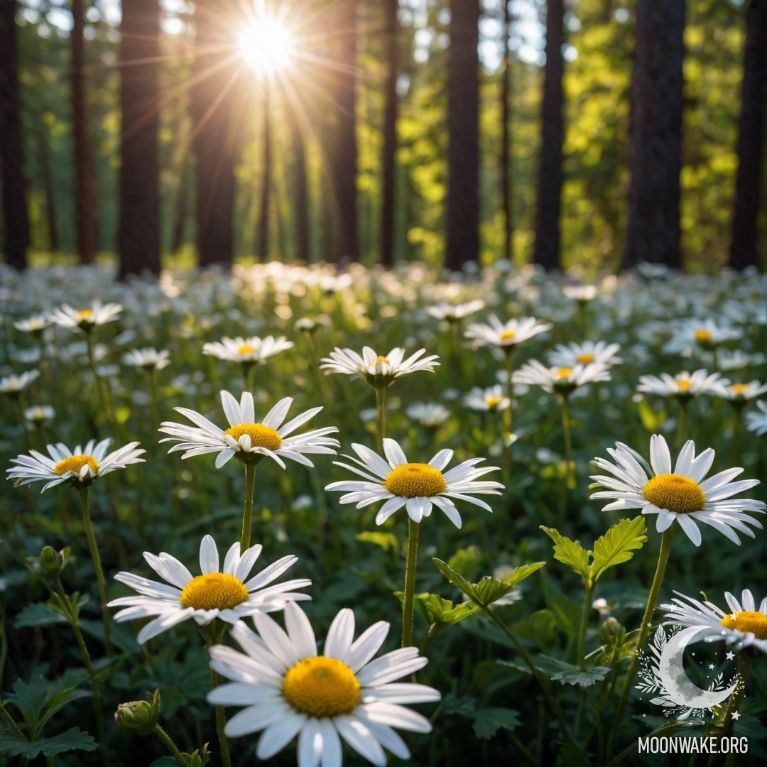 Крупный план ромашек, освещённых лучами заката в лесу.