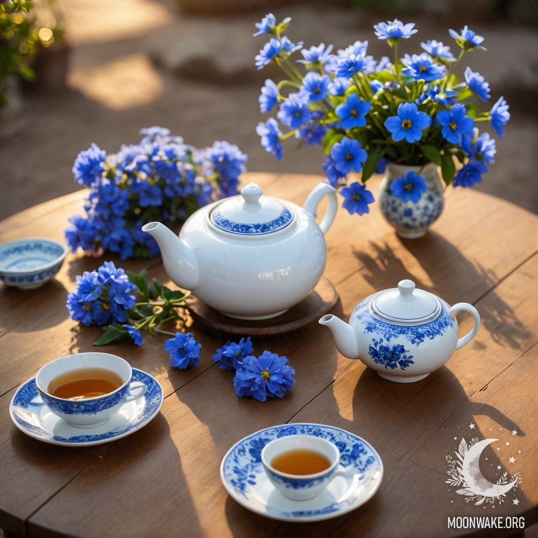 Минималистичный круглый деревянный стол с фарфоровым чайником и голубыми цветами, освещённый закатом.