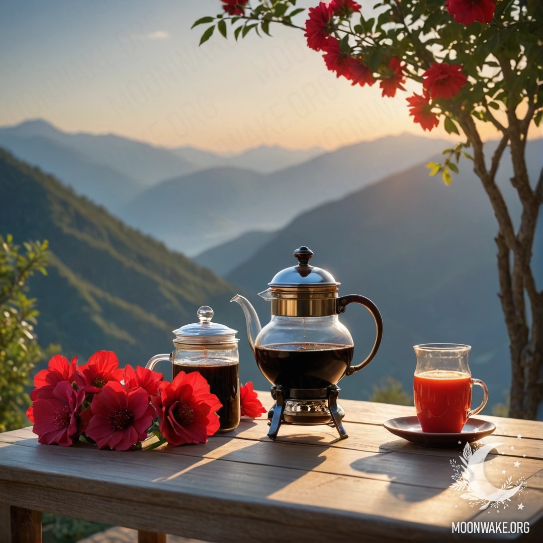 Деревянный стол с банкой красных цветов и кофейником на фоне гор при закате.