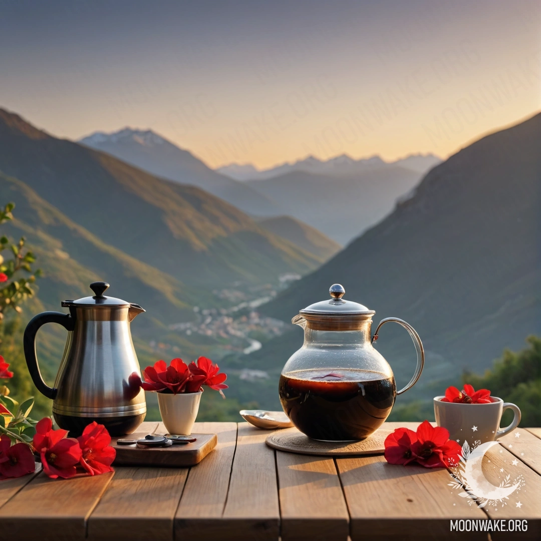 Абстрактный деревянный стол на фоне гор, с банкой красных цветов, кофейником и чашками на закате.