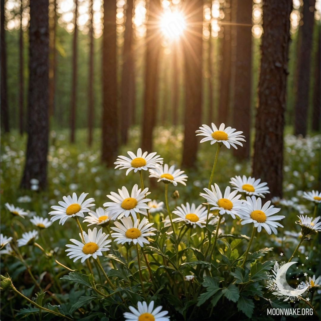 Крупный план ромашек, освещенных гирляндами, в лесу на закате.