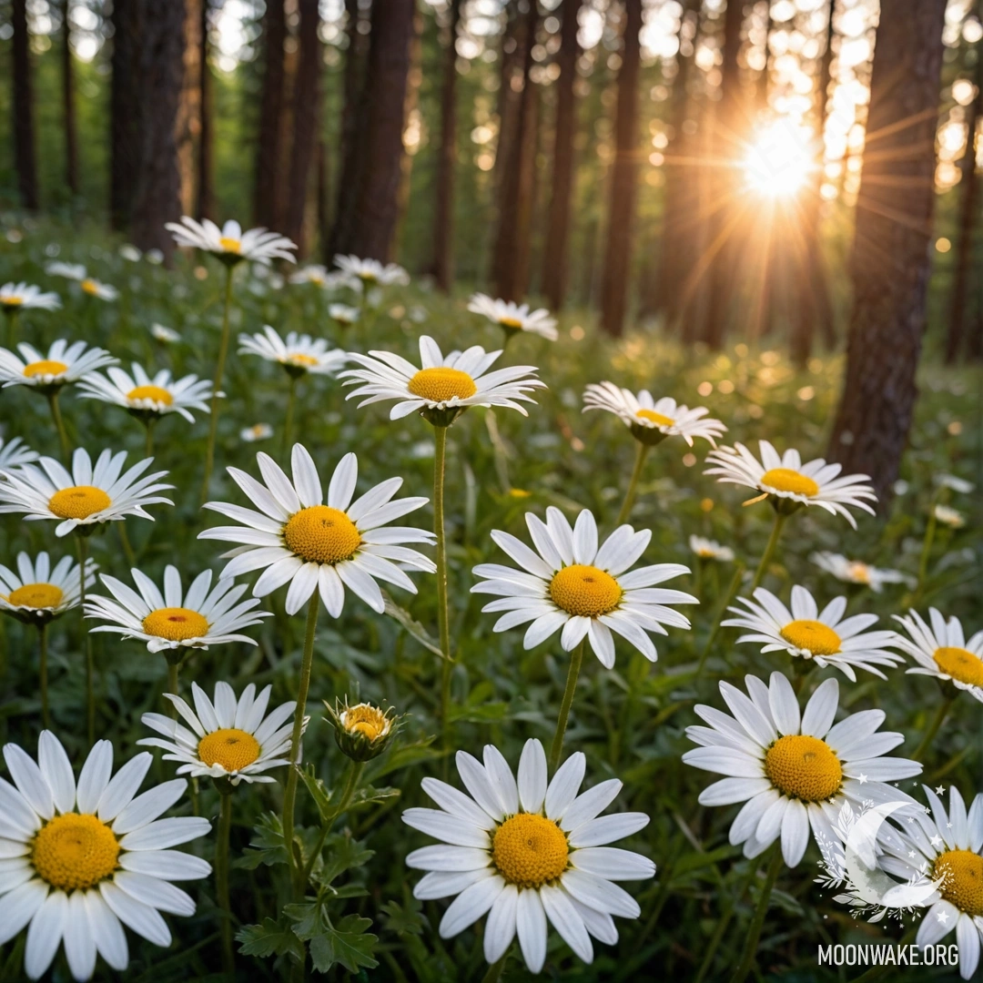 Крупный план ромашек, озарённых закатным солнцем в лесу.