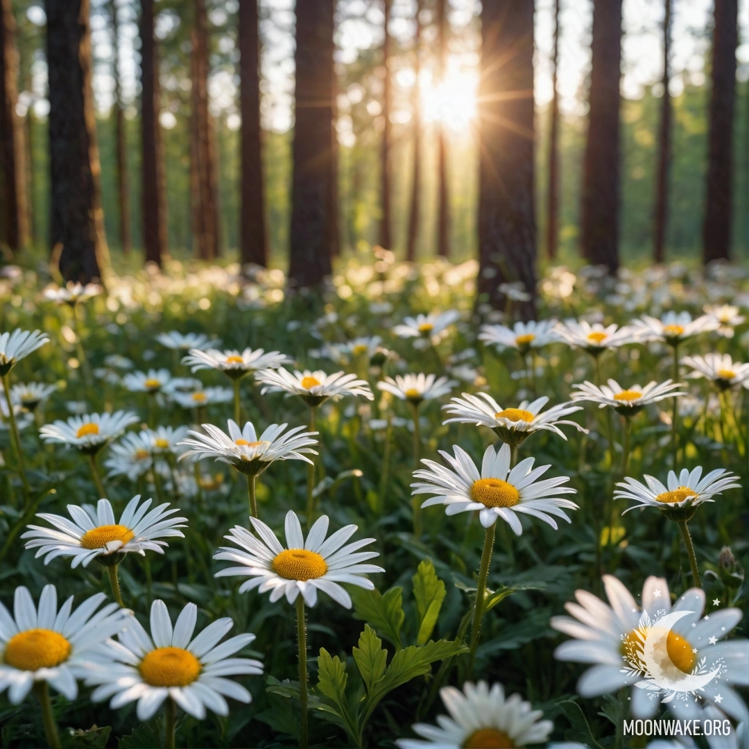 Крупный план ромашек, освещенных солнцем на закате в лесу