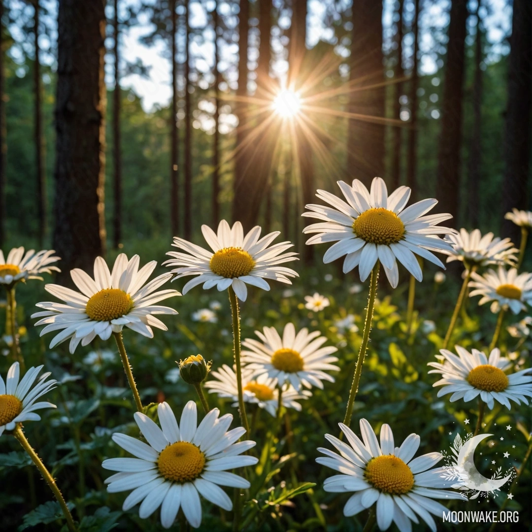 Крупный план ромашек, освещенных закатом в лесу.