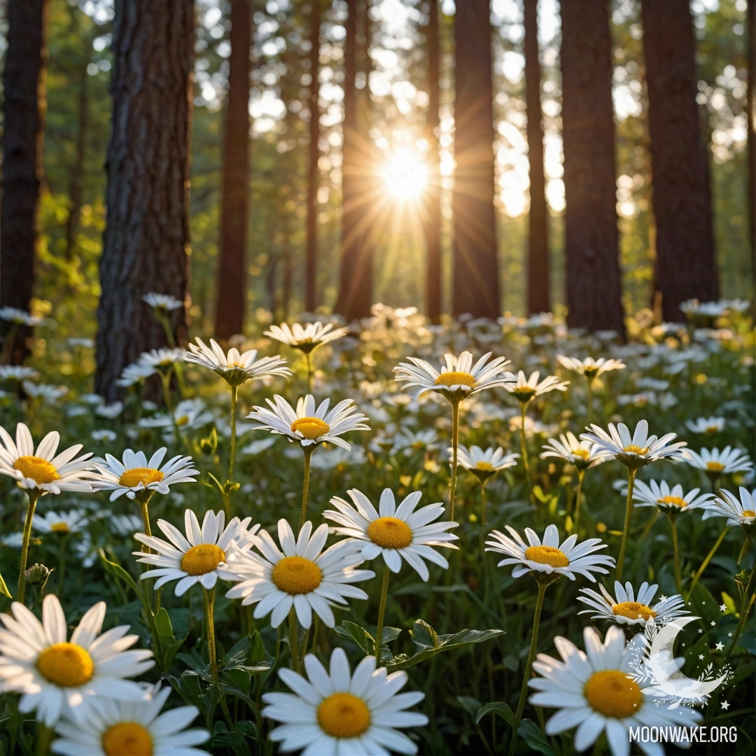 Крупный план ромашек, освещенных лучами солнца, пробивающегося сквозь деревья на закате.