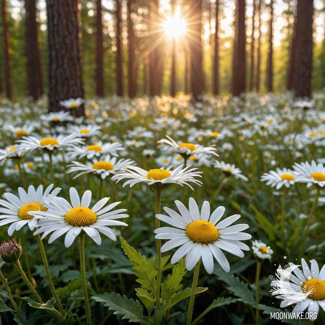 Фотореалистичное изображение заката солнца сквозь деревья, вблизи ромашки.