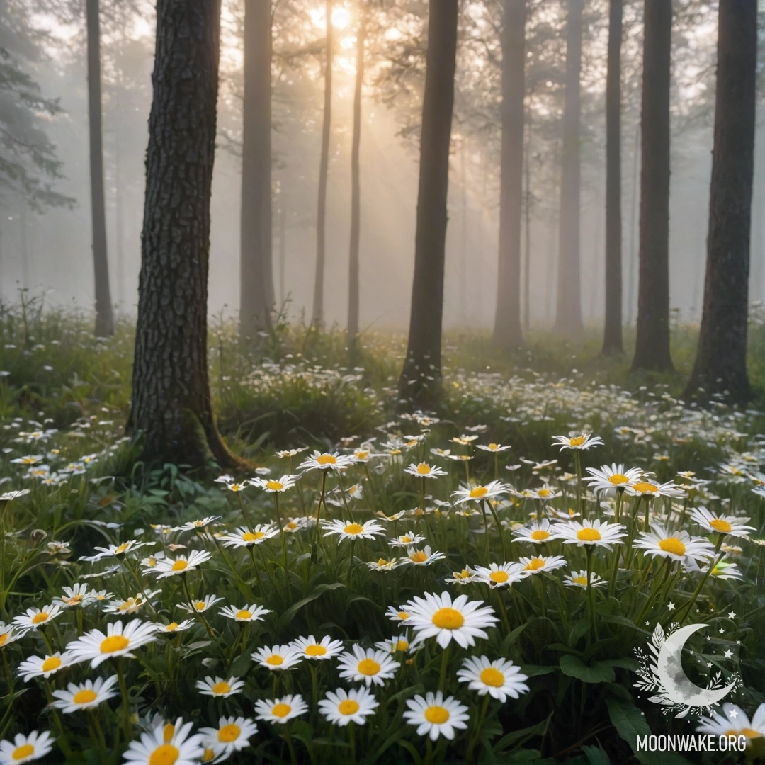 Крупный план ромашек в туманном лесу с закатным светом, пробивающимся сквозь деревья.