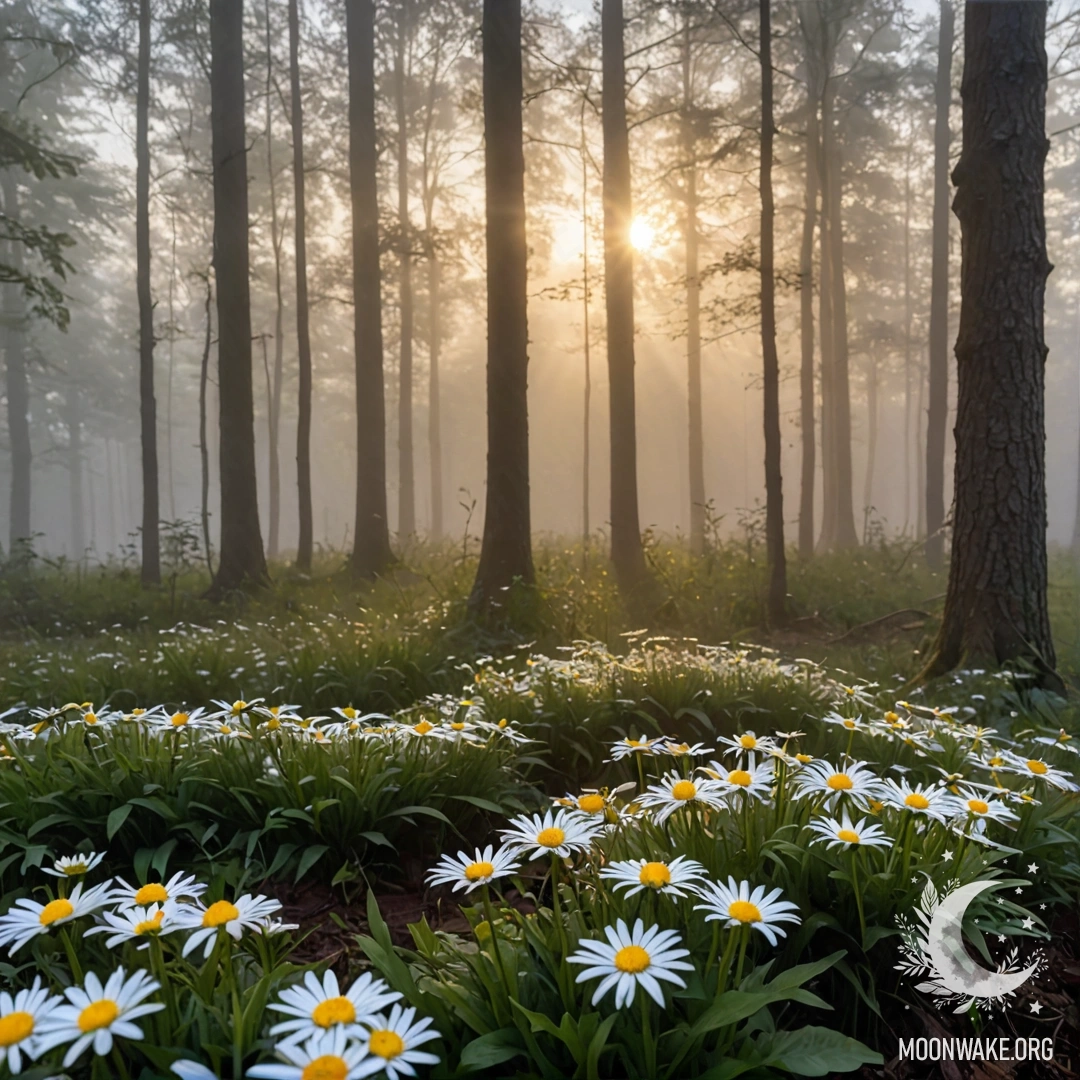 Крупный план ромашек в туманном лесу во время заката.