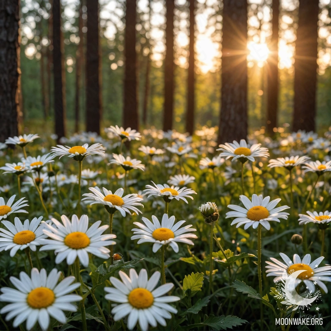 Крупный план ромашек, освещённых закатом в лесу