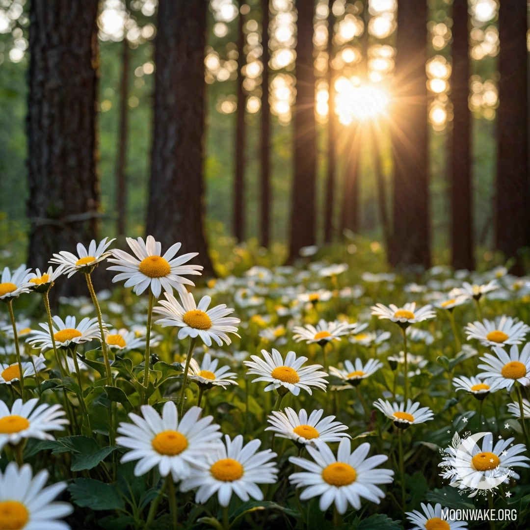 Крупный план ромашек, освещённых гирляндами, в лесу на закате.