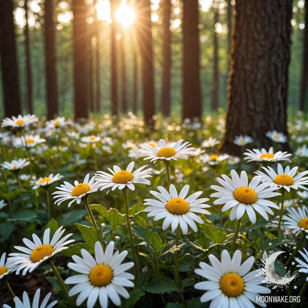 Крупный план маргариток с гирляндой огней, пробивающейся сквозь деревья леса на закате.