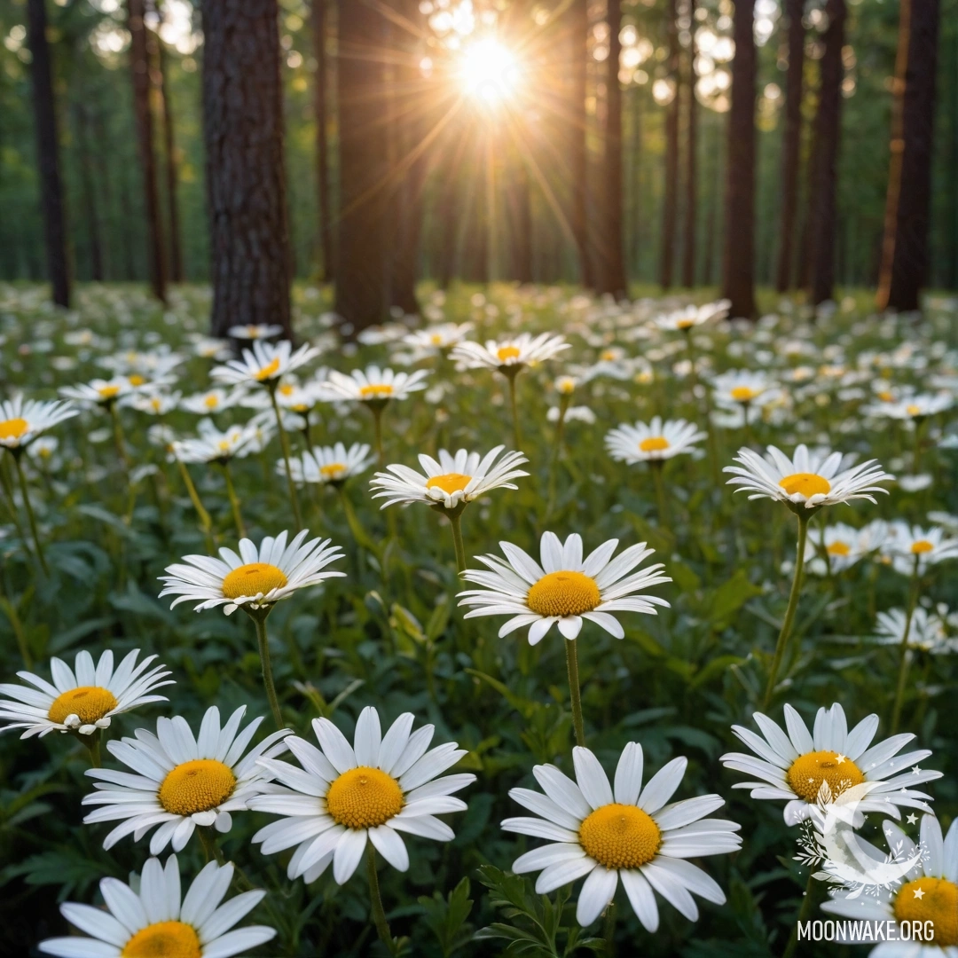 Крупный план ромашек, озарённых закатом, на фоне деревьев.