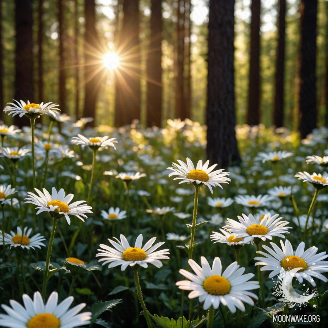 Крупный план ромашек, сквозь деревья которых пробивается солнечный свет на закате.
