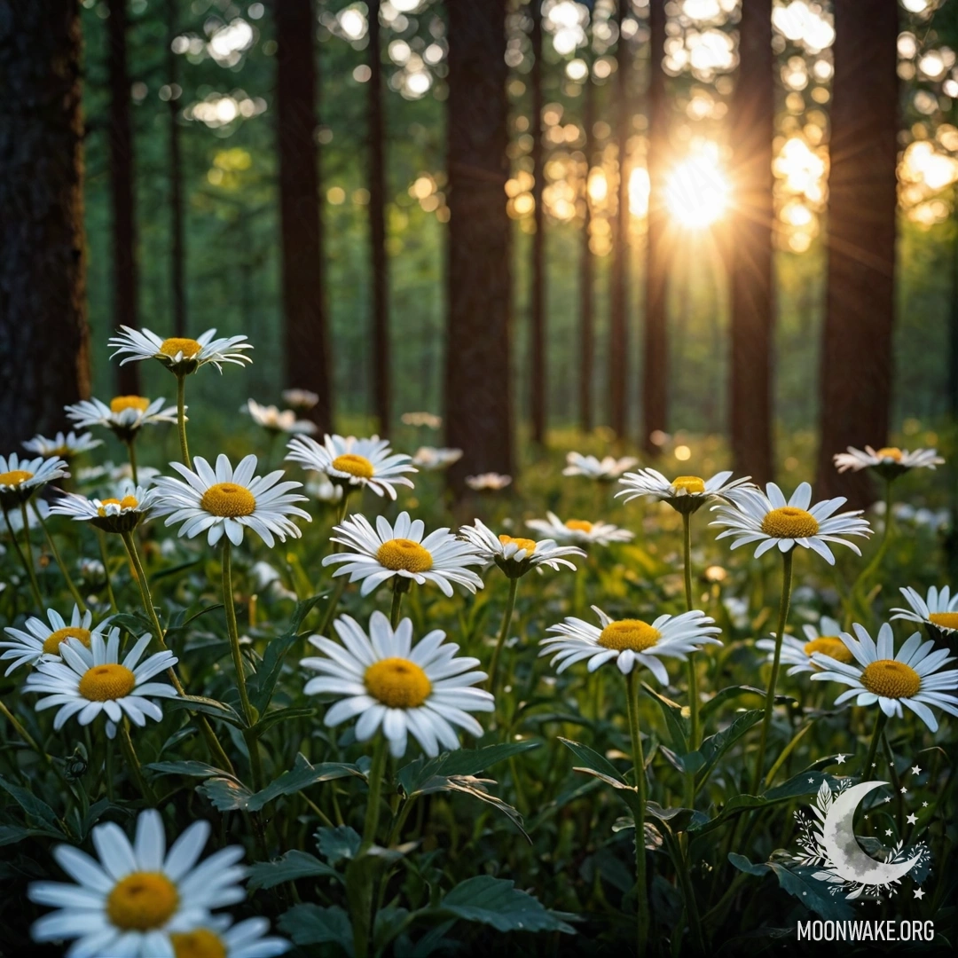 Крупный план ромашек, освещенных закатом, окруженных деревьями в лесу ночью.