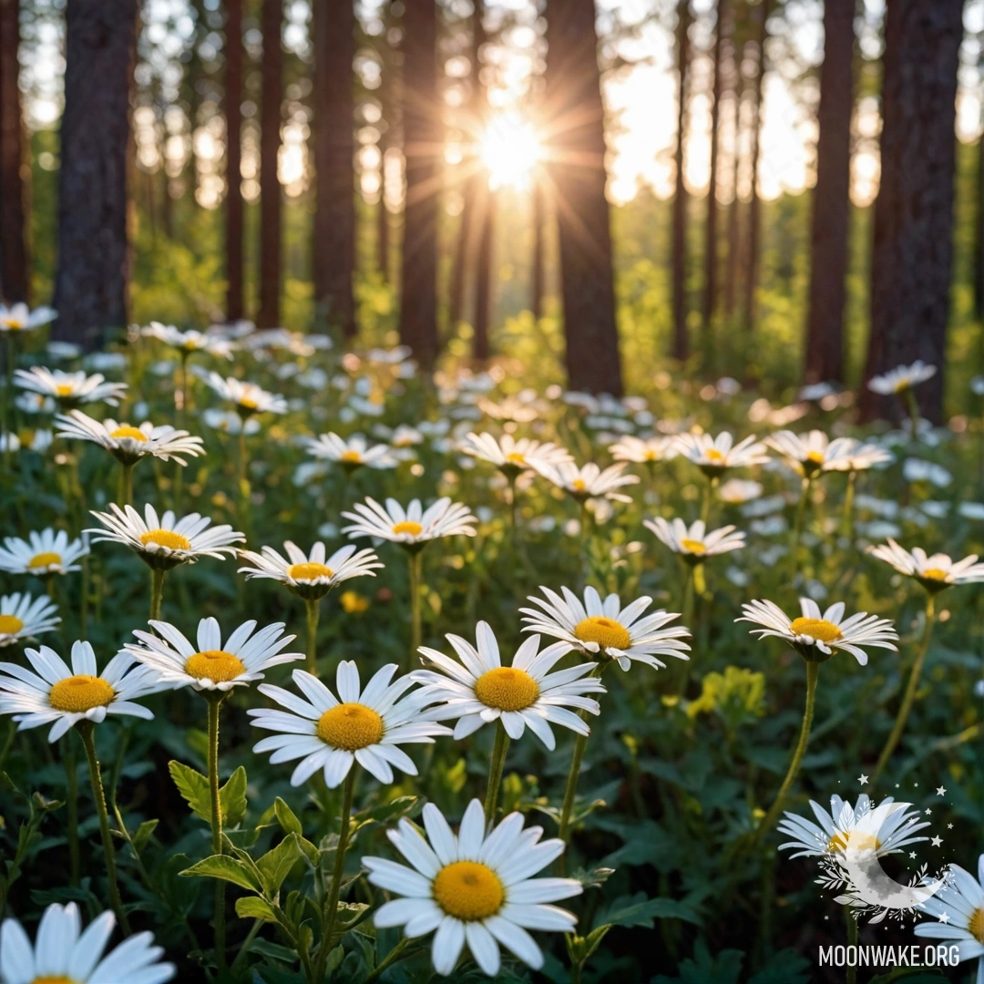 Крупный план ромашек в лесу на закате, свет пробивается сквозь деревья.
