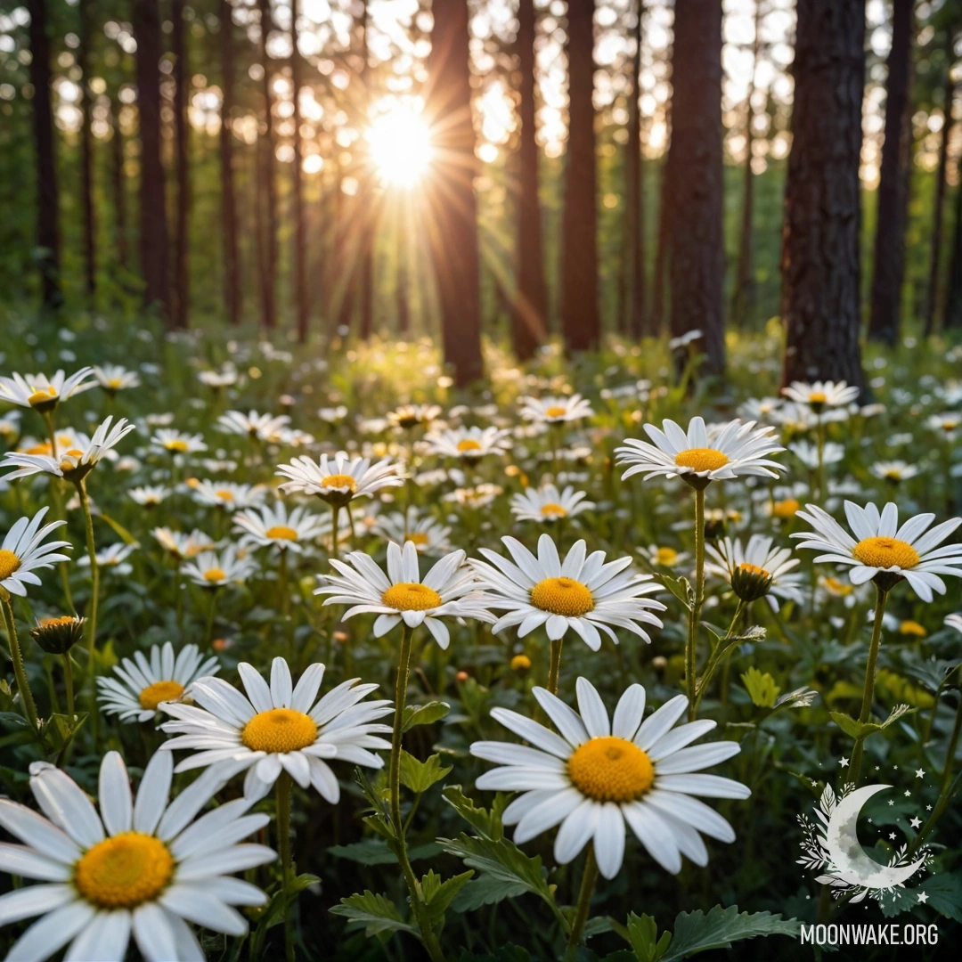 Крупный план ромашек в лесу на закате, солнечный свет пробивается сквозь деревья.