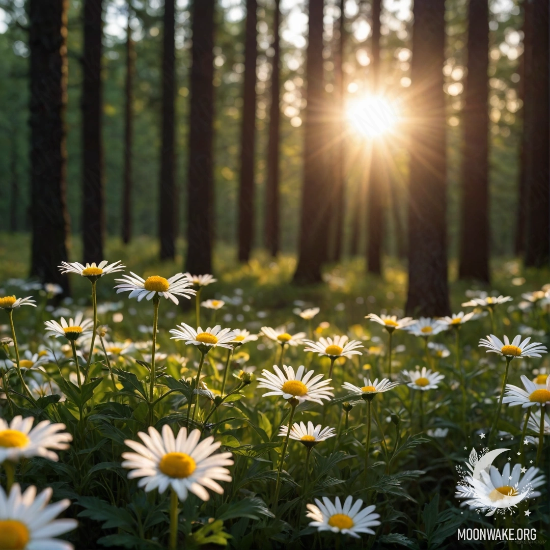 Крупный план ромашек, освещенных лучами заката в лесу.