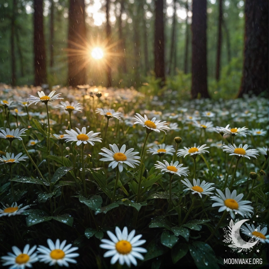 Близкий план ромашек под дождём с солнечными лучами заката, пробивающимися сквозь деревья леса.