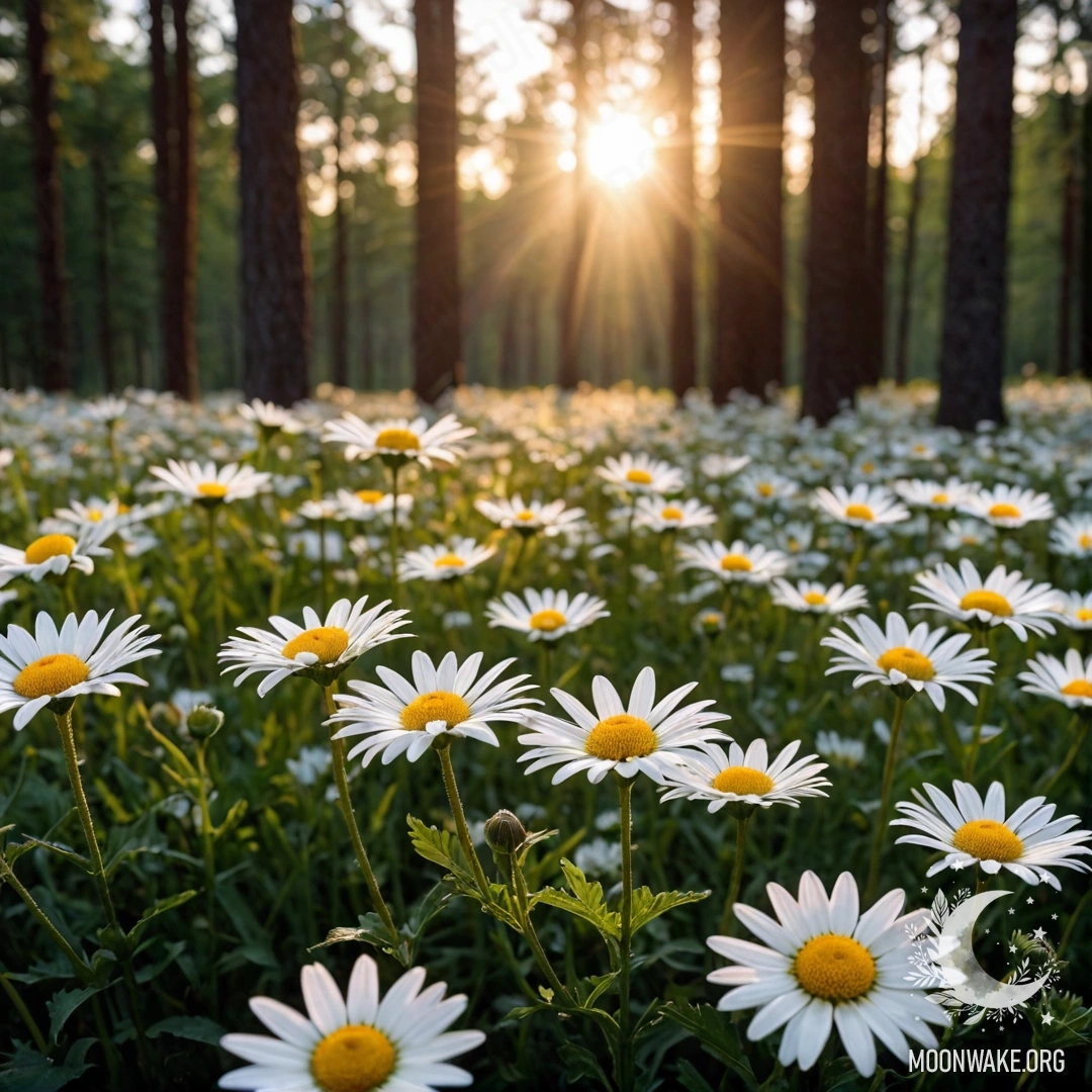 Крупный план ромашек, освещенных закатом в лесу.