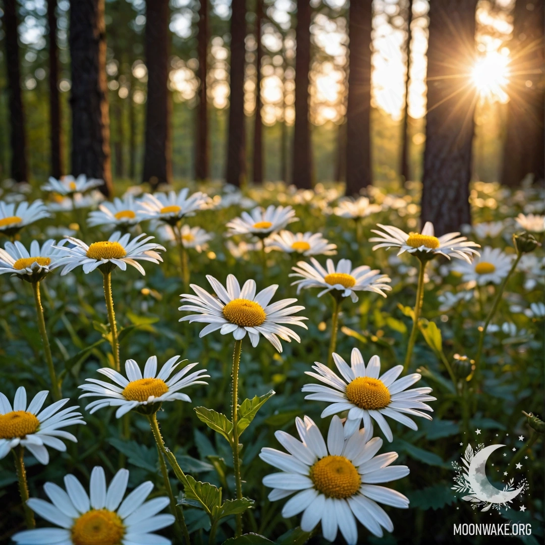 Крупный план ромашек под сумеречным небом с солнечными лучами, пробивающимися сквозь деревья леса.