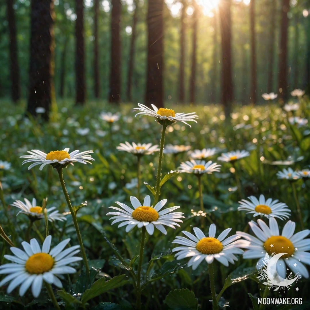 Крупный план маргариток под дождем с лучами закатного солнца, пробивающимися сквозь деревья леса.